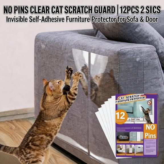 No-Pin Cat Scratch Furniture Protector, 12 Pcs Clear Self-Adhesive Anti-Scratch Guards, Invisible Couch Protectors for Sofa Door, Residue-Free Cuttable Cat Scratch Deterrent Sheets (6XL+6Large)