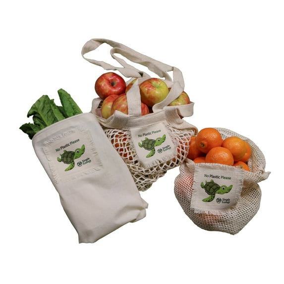 “No Plastic Please” Simple Ecology Organic Cotton Reusable Sea Turtle Gift & Starter Set (string produce saver bags, food storage, bulk bin, with tare weight tag and drawstring, waste free)