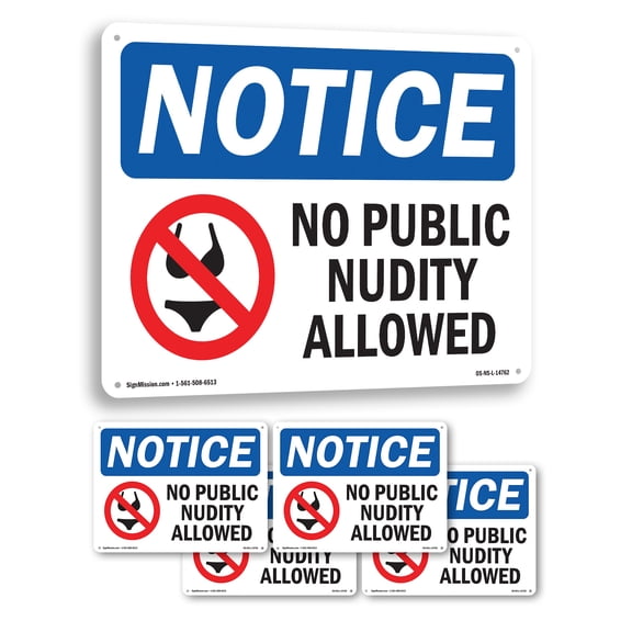 No Public Nudity Allowed OSHA Notice Rigid Plastic Sign 24 Inch x 18 Inch - 5 Pack