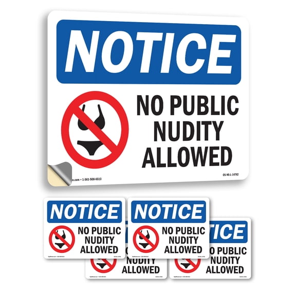 No Public Nudity Allowed With Symbol OSHA Notice Vinyl Decal Label 5 Inch x 3.5 Inch - 5 Pack