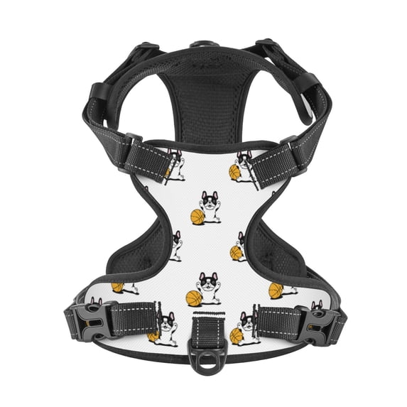 No Pull Dog Harness For Dogs Easy Walk Dog Vest Adjustable Collars Harnesses & Leashes Set Breathable Oxford Outdoor Walking Safety Reflective Strip Happy French Bulldog & Basketball