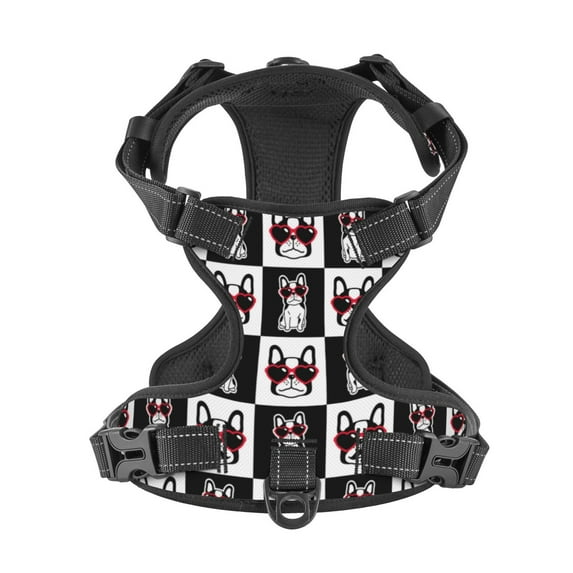 No Pull Dog Harness For Large Dogs Easy Walk Dog Vest Adjustable Collars Harnesses & Leashes Set Breathable Oxford Outdoor Walking Safety Reflective Strip Cute French Bulldog With Heart Sunglasses