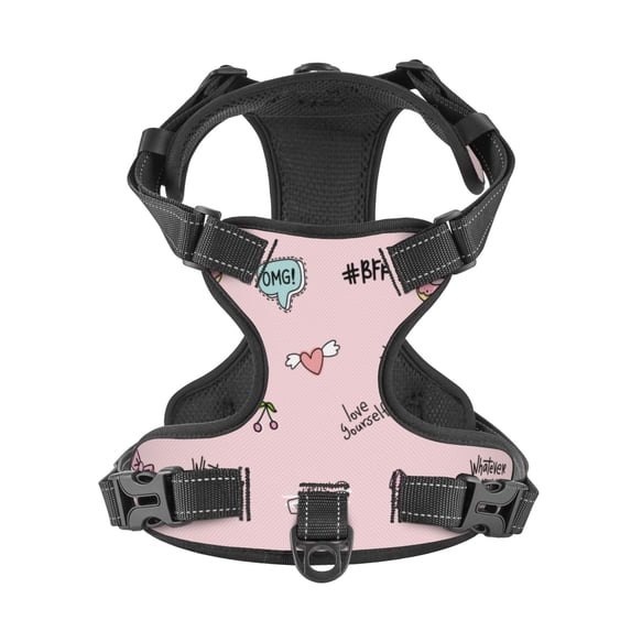 No Pull Dog Harness For Large Dogs Easy Walk Dog Vest Adjustable Collars Harnesses & Leashes Set Breathable Oxford Outdoor Walking Safety Reflective Strip Cute Girly Cartoon Drawing Elements Pink