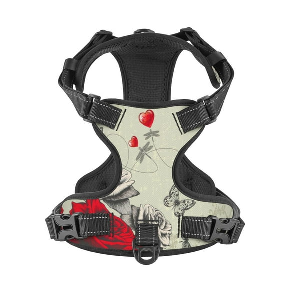 No Pull Dog Harness For Large Dogs Easy Walk Dog Vest Adjustable Collars Harnesses & Leashes Set Breathable Oxford Outdoor Walking Safety Reflective Strip Retro Rose Flower