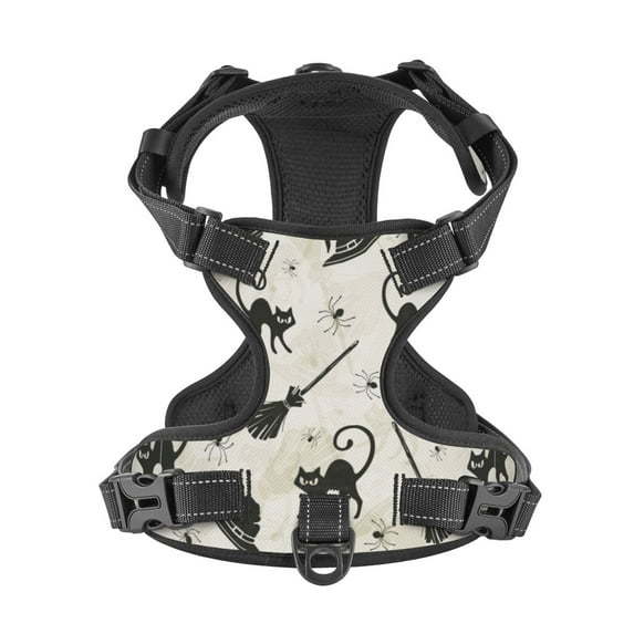 No Pull Dog Harness For Large Dogs Easy Walk Dog Vest Adjustable Collars Harnesses & Leashes Set Breathable Oxford Outdoor Walking Safety Reflective Strip Halloween Pattern Cats Brooms Witch Hats