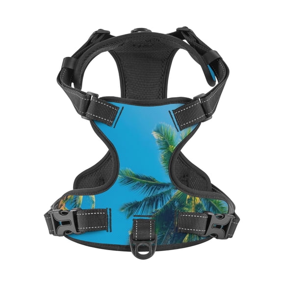 No Pull Dog Harness For Medium Dogs Easy Walk Dog Vest Adjustable Collars Harnesses & Leashes Set Breathable Oxford Outdoor Walking Safety Reflective Strip Palm Trees Over Clear Blue Sky