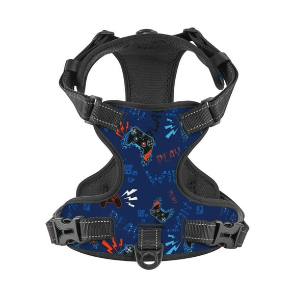 No Pull Dog Harness For Medium Dogs Easy Walk Dog Vest Adjustable Collars Harnesses & Leashes Set Breathable Oxford Outdoor Walking Safety Reflective Strip Graffit Blue Joystick Sign Game