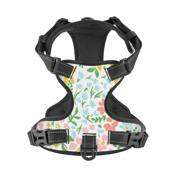 No Pull Dog Harness For X-Large Dogs Easy Walk Dog Vest Adjustable Collars Harnesses & Leashes Set Breathable Oxford Outdoor Walking Safety Reflective Strip Floral Colour Pattern Prints