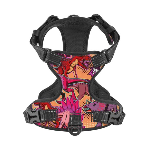 No Pull Dog Harness For X-Large Dogs Easy Walk Dog Vest Adjustable Collars Harnesses & Leashes Set Breathable Oxford Outdoor Walking Safety Reflective Strip Multicolored Pattern Of Dinosaurs