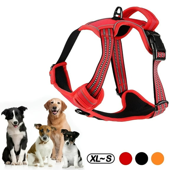 No Pull Dog Harness Front Clip Heavy Duty Reflective Easy Control Handle for Large Dog Walking(Red,L)