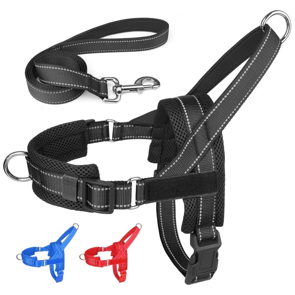 No Pull Dog Harness and Leash Set for Medium Large Dogs, Reflective Dog Vest Harness with Breathable Mesh Padded, Adjustable Neck & Chest, Black XL