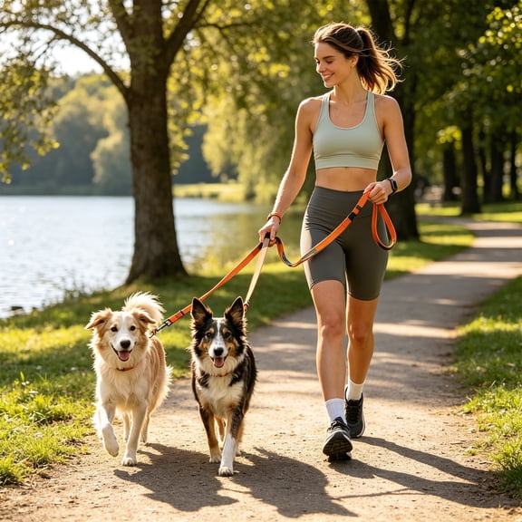 No Pull Double Dog Leash with Elastic Bungee, Shock Absorbing Reflective Lead for Walking Two Medium to Large Dogs