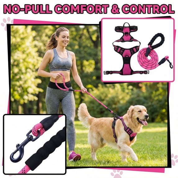 No Pull Pull Resistant Dog Harness and Leash Set, Chew Proof Durable Material Adjustable Reflective Walking Harness for Dogs, Hot Pink One Pack