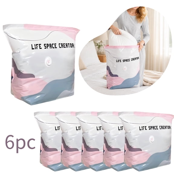 No-Pump Large Vacuum Storage Compression Bags, Large Cube Vacuum Seal Bags for Blankets, Reusable Space Saving Compression Bag for Jumbo Clothes Bedding, Off‑season Gear (L,6PC)