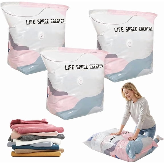 No-Pump Vacuum Storage Bags, 3D Cube Compression Space Saver Bags for Clothes Comforters Blankets, Extra Large Capacity Press & Seal Storage, No Pump Needed for Travel & Home Organization(M-3ps)