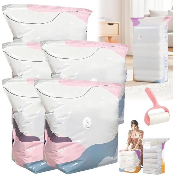 No-Pump Vacuum Storage Bags Press & Seal, No Pump Needed, Reusable Space Saving Compression Bags, Heavy Duty Moisture & Dust Proof for Clothes Bedding Blankets Off-Season Gear,M 5PCS