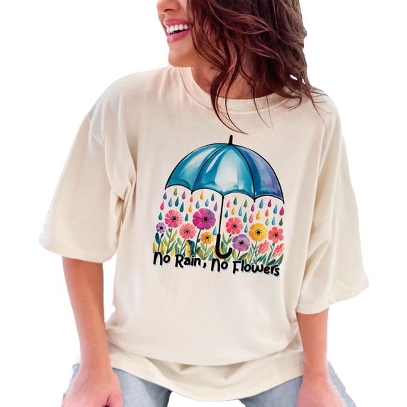 No Rain No Flowers T-Shirt, Colorful Umbrella and Floral Art Tee, Inspirational Quote Shirt, Positive Vibes Graphic Tee, Ivory Comfort Colors T-Shirt, XL