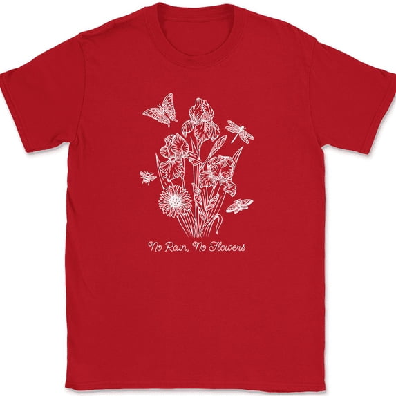 No Rain No Flowers Gardening T-Shirt Beautiful Graphic Butterfly Funny Tee - Red, XL
