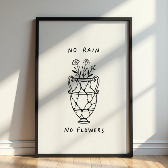 No Rain No Flowers Print Floral Quote Vase Line Drawing Botanical Wall Art Minimalist Typography Decor, Unframed Paper Print