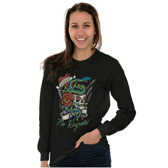 No Regrets Skull Snake Rose Tattoo Long Sleeve TShirt Men Women Brisco Brands S