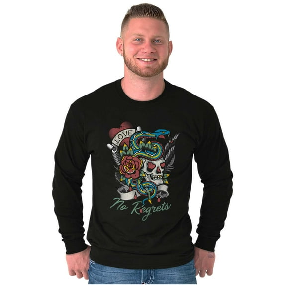 No Regrets Skull Snake Rose Tattoo Plus Size Long Sleeve Graphic Tee Shirt Brisco Brands 2X