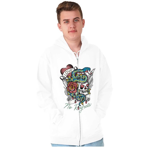 No Regrets Skull Snake Rose Tattoo Unisex Fleece Graphic Zip Up Hoodie Brisco Brands 5X