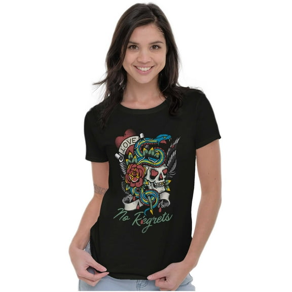 No Regrets Skull Snake Rose Tattoo Womens Slim Fit Graphic Tee Brisco Brands S