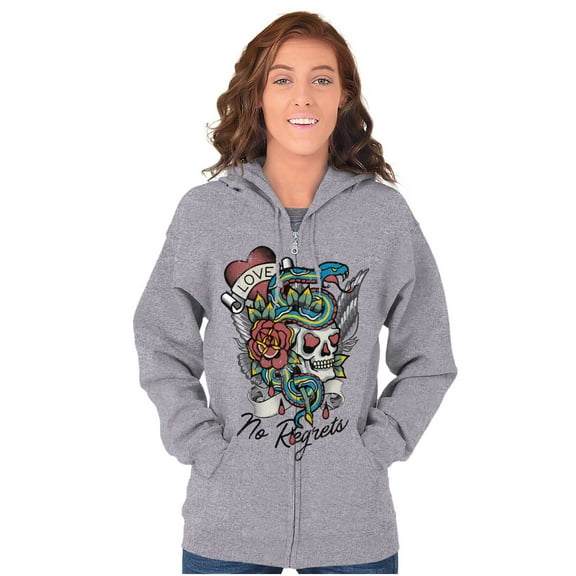 No Regrets Skull Snake Rose Tattoo Zip Up Hoodie Men's Women's Brisco Brands X