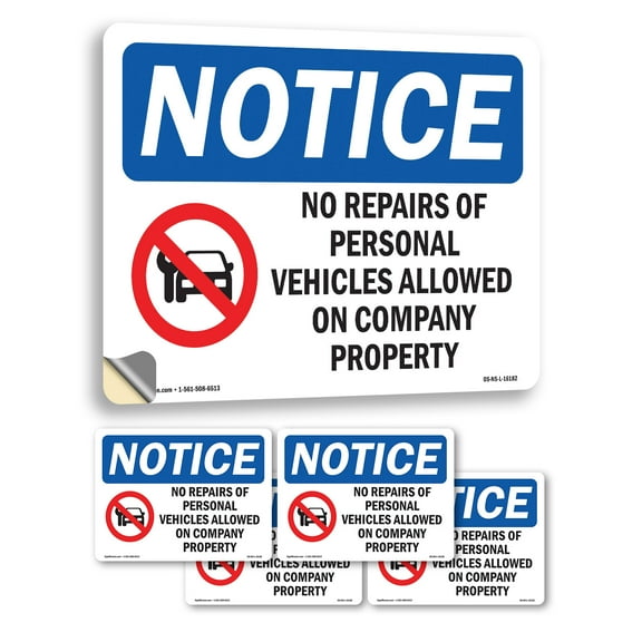 No Repairs Of Personal Vehicles OSHA Notice Vinyl Decal Label 18 Inch x 12 Inch - 5 Pack