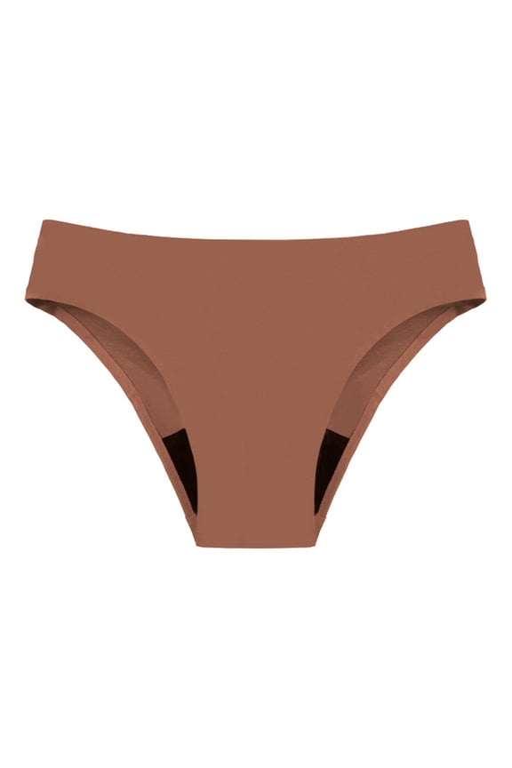 No Ride Up Skin Friendly Seamless Bikini Underwear Enhanced Absorbent Liner Period Proof Panties for Yoga Workout and Beach Activities Coffee M