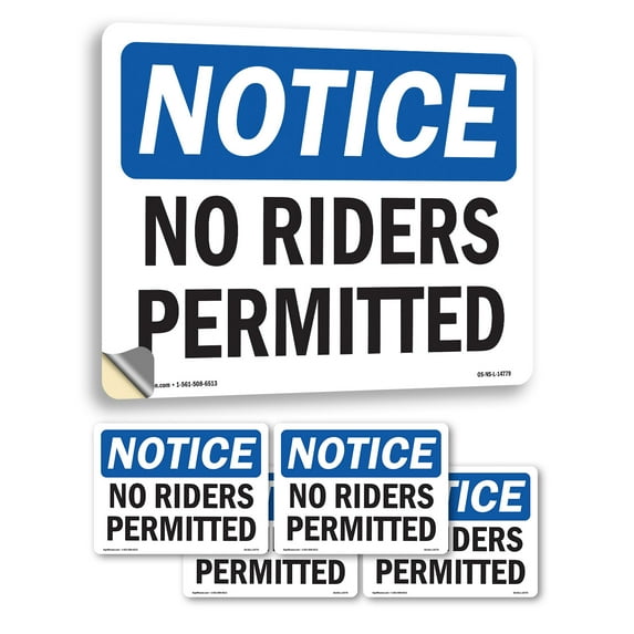 No Riders Permitted OSHA Notice Vinyl Decal Label 18 Inch x 12 Inch - 5 Pack