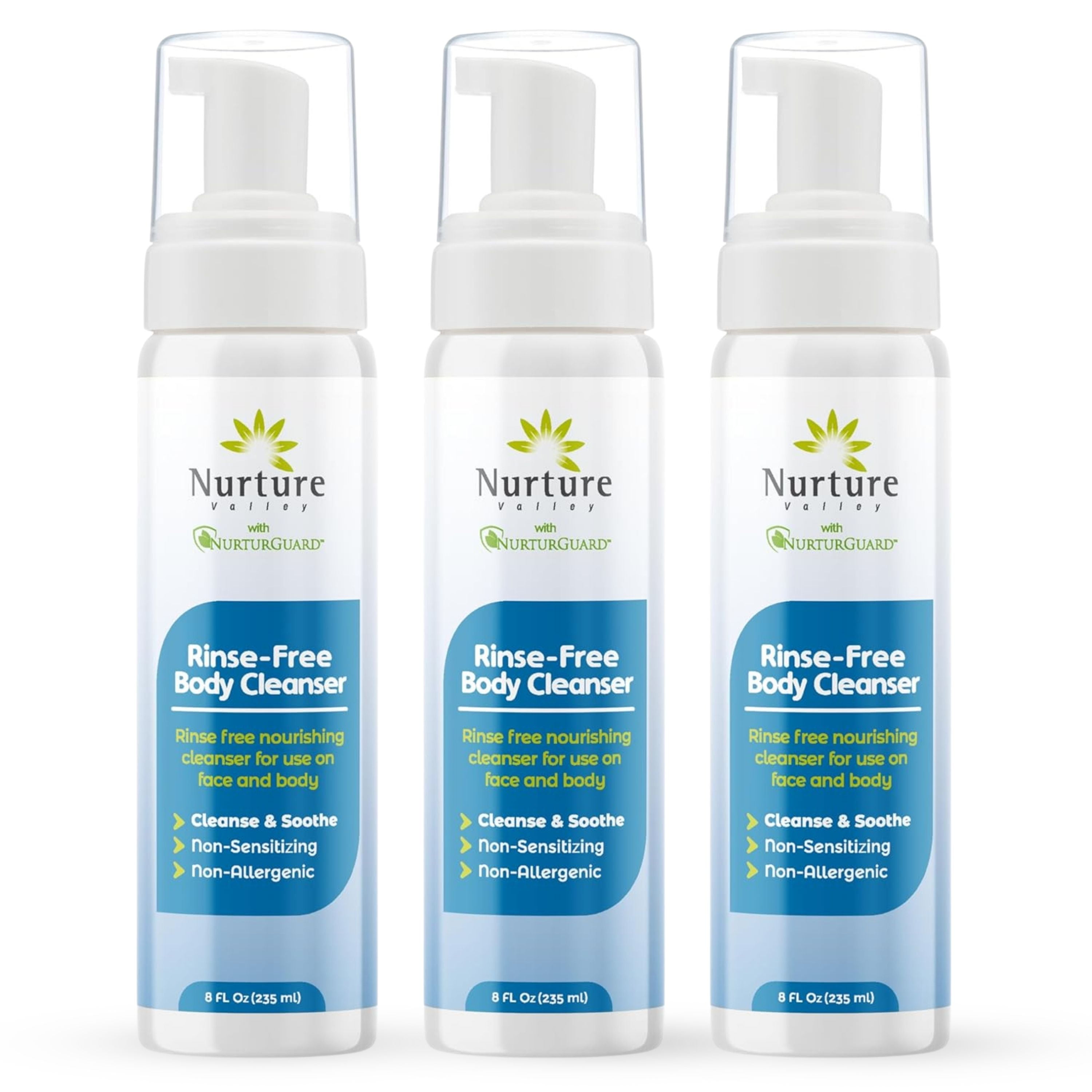 3- 8oz Bottles-Nurture Valley No Rinse Body Wash, Full Body Cleansing Foam That also Moisturizes, and Protects Skin - Non-Allergenic - Non-Sensitizing - Rinse Free Wipe Away Cleanser
