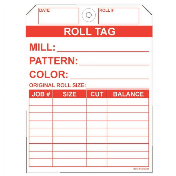 No-Rip Carpet Roll Tags, Printed with Red Ink on White Tyvek® Tag Stock with Reinforced Metal Eyelet. Size: 7" (Height) x 5 1/4" (Width). TGXX050. 500 Tags.