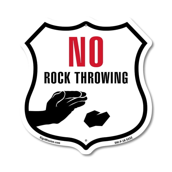 No Rock Throwing (2 Pack) 18 inch X 18 inch Shield Shaped Commercial Grade Plastic Signs Weather Resistant Made in the USA