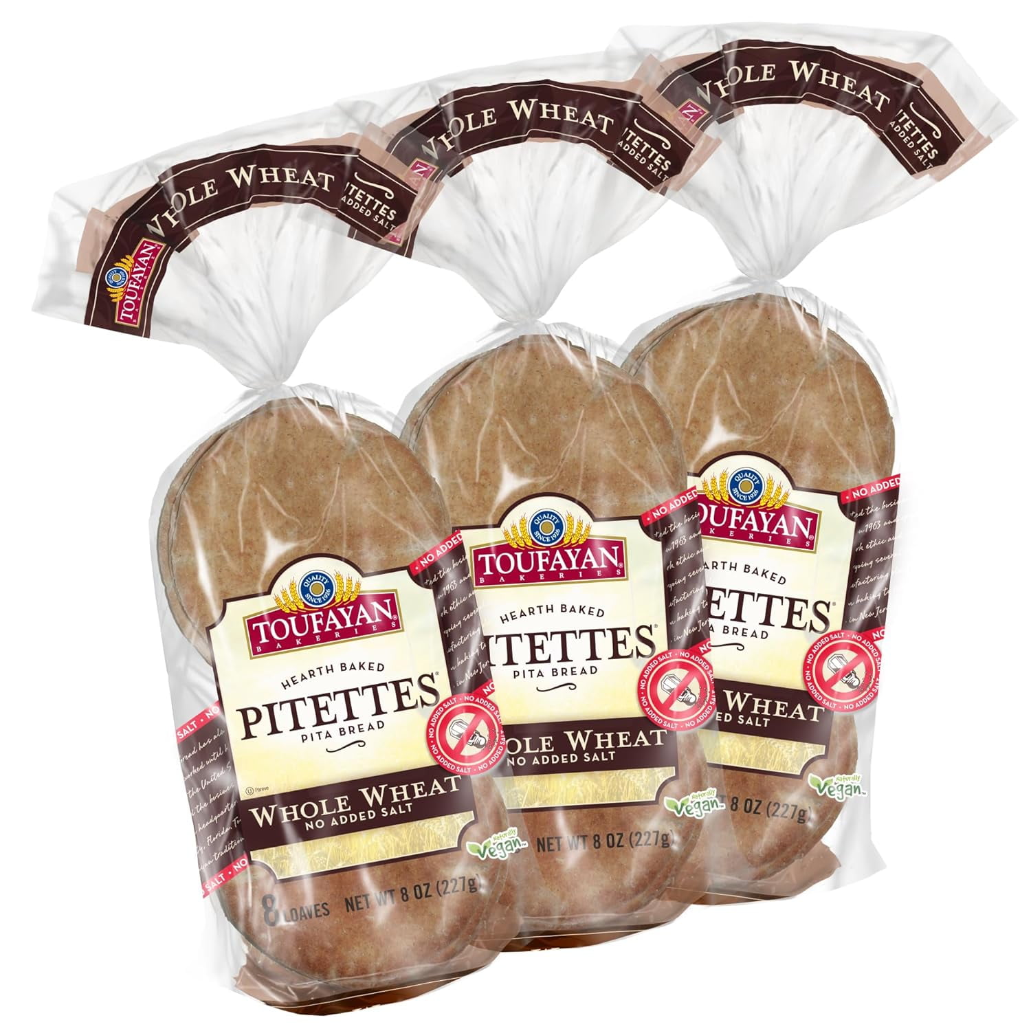 No Salt Whole Wheat Pitettes Pita Bread | No Sodium, Naturally Vegab (3 Pack, 24 Pitas Total)