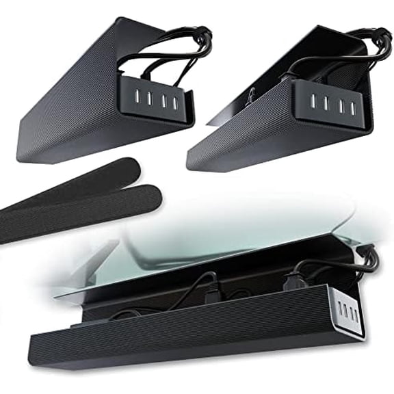 No-Screw Under Desk Cable Management Tray - Self-Adhesive Installation, Cord Management, Cable Tray, Under Desk Wire Organizer - Black Set of 2