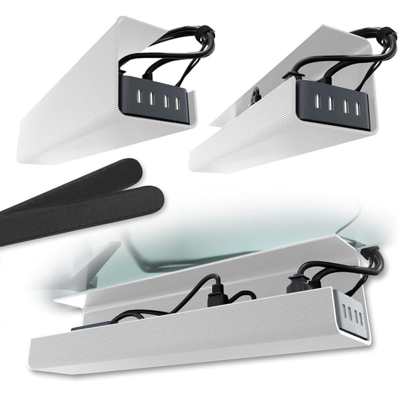 No-Screw Under Desk Cable Management Tray - Self-Adhesive Installation, Cord Management, Cable Tray, Under Desk Wire Organizer - White Set of 2