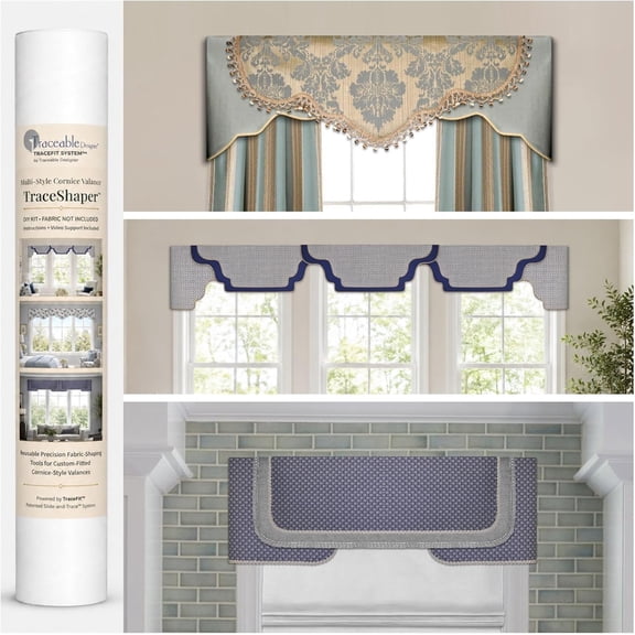 No-Sew Cornice Valance Kit, Multi-Style Scalloped Arched & Straight Window Cornice, Reusable TraceShaper Forms, Rod-Pocket Design for Curtain Rods