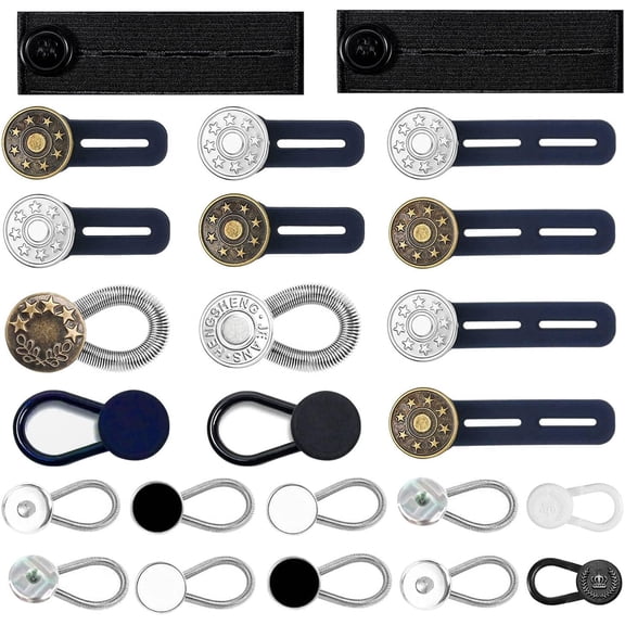 No-Sew Elastic Waist Extender Buttons , 24-Piece Flexible Adjustable Belt Extender Kit for Pants, Jeans, and Skirts , Invisible Collar & Neck Extender for Men & Women