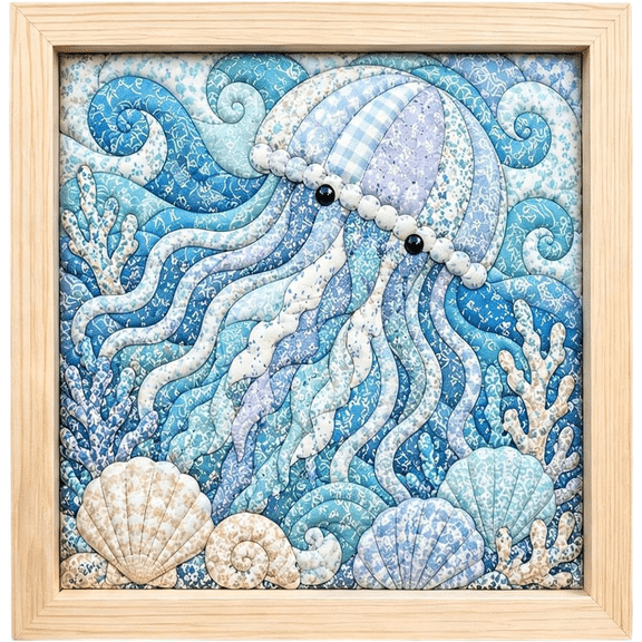 No-Sew Kinusaiga Fabric Art Kit for Adults, Jellyfish DIY Cut Cloth Handcraft Kit with Frame, Relaxing Needle-Free Mosaic Art Project for Wall Decor Gift