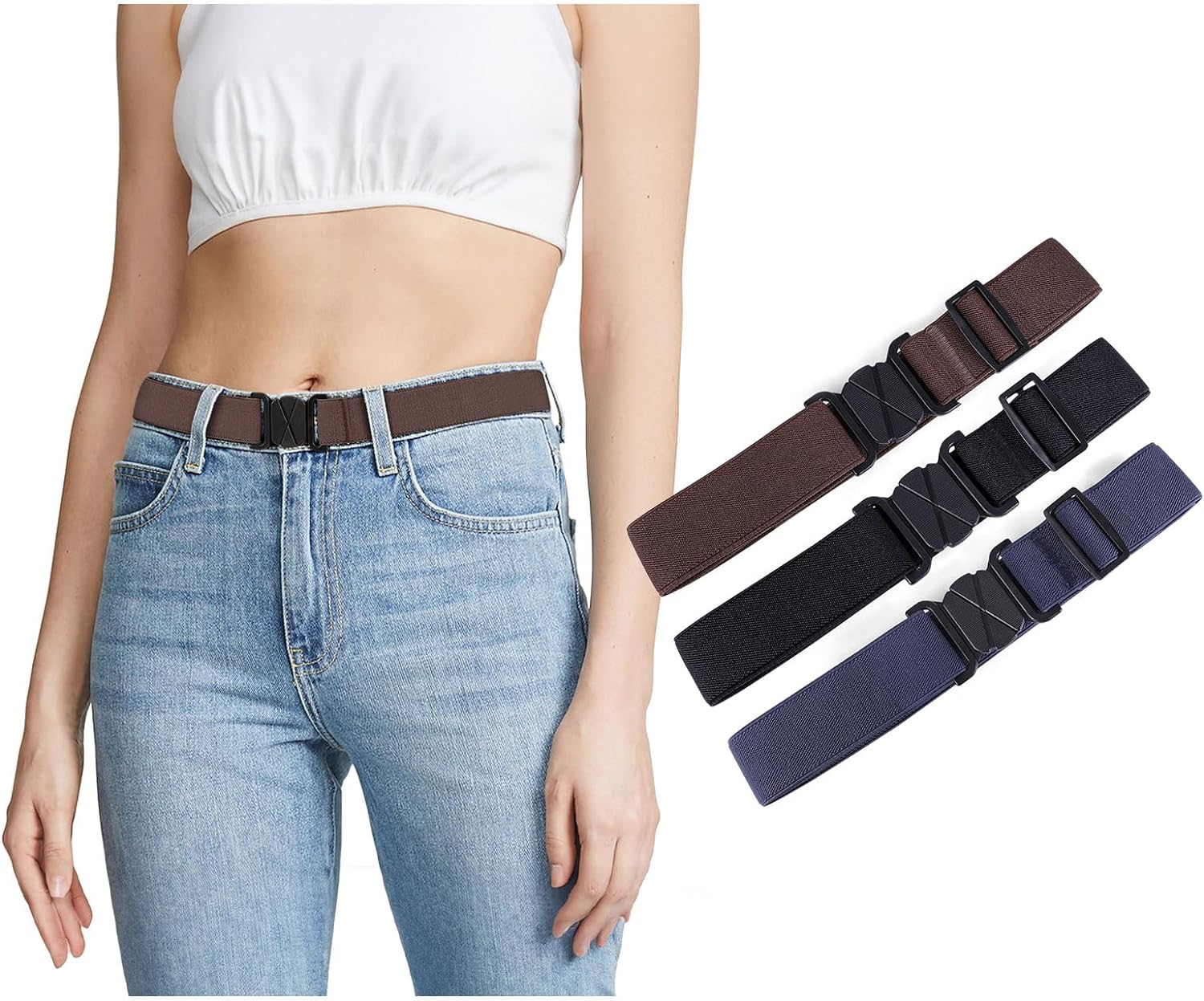 Adjustable Elastic No Show Belt for Women - Stretch Flat Buckle 4 Piece Women Elastic Stretch Belt Invisible No Show Waist  main image 2