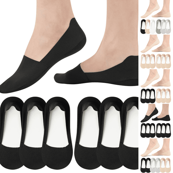 No Show Socks Womens Nylon Non Slip Low Cut Invisible Liner Footies Thin Silk Socks for Flats Loafers 6 Pairs Black One Size