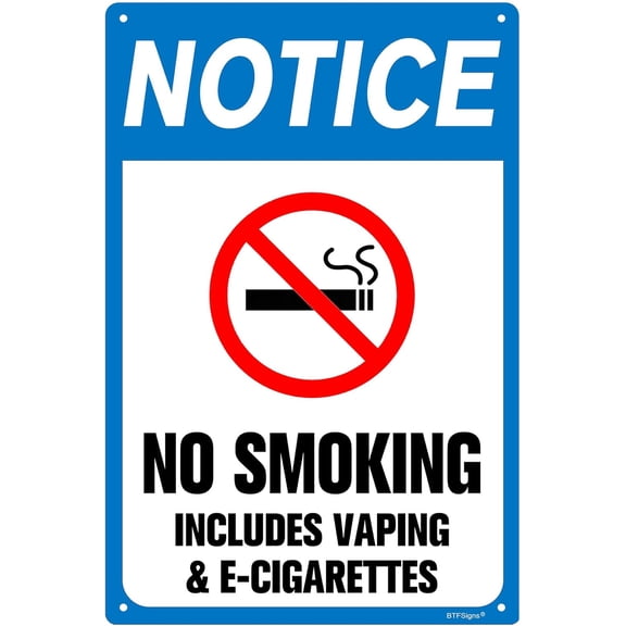 No Smoking Includes Vaping & E-Cigarettes Sign, 8"x12" Rust Free Aluminum UV Printed Blue Notice Signs