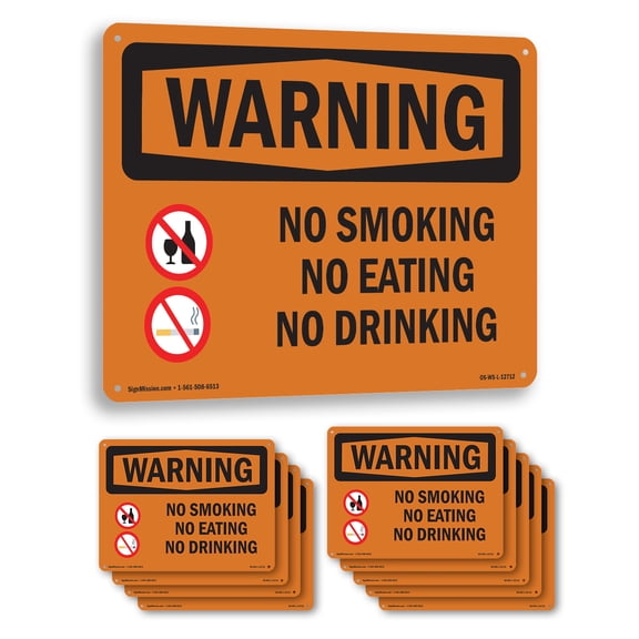No Smoking No Eating No Drinking OSHA WARNING Aluminum Sign 10 Inch x 7 Inch - 10 Pack