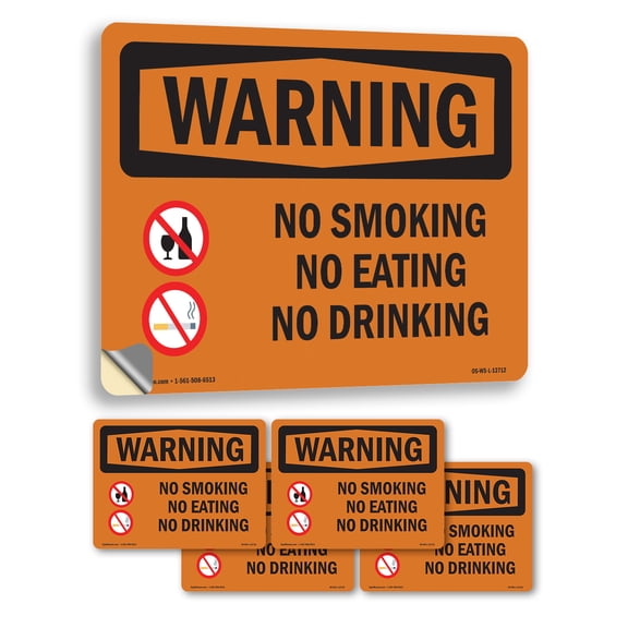 No Smoking No Eating No Drinking OSHA WARNING Vinyl Decal Label 5 Inch x 3.5 Inch - 5 Pack