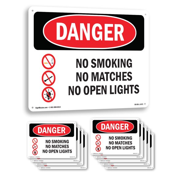 No Smoking No Matches No Open Lights OSHA Danger Aluminum Sign 10 Inch x 7 Inch - 10 Pack