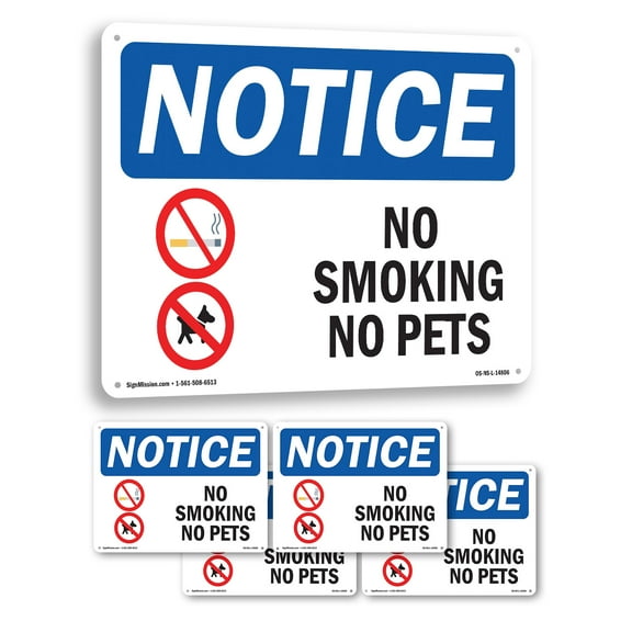 No Smoking No Pets OSHA Notice Rigid Plastic Sign 18 Inch x 12 Inch - 5 Pack