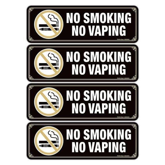 No Smoking No Vaping Sign, (4 Pack) 9 X 3 Inch, Self-Adhesive, Use for Home Office/Business, Easy to Apply, White Big Letters on Black Plate