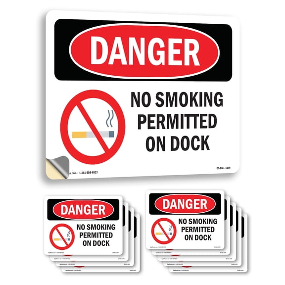 No Smoking Permitted On Dock OSHA Danger Vinyl Decal Label 5 Inch x 3.5 Inch - 10 Pack