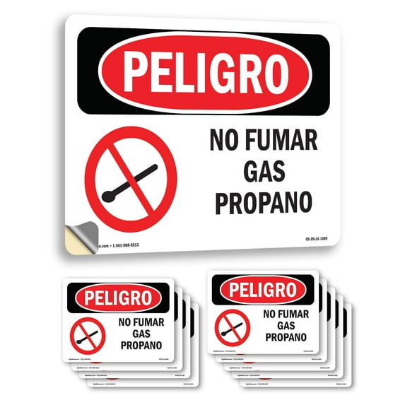 No Smoking Propane Spanish OSHA Danger Vinyl Decal Label 10 Inch x 7 Inch - 10 Pack